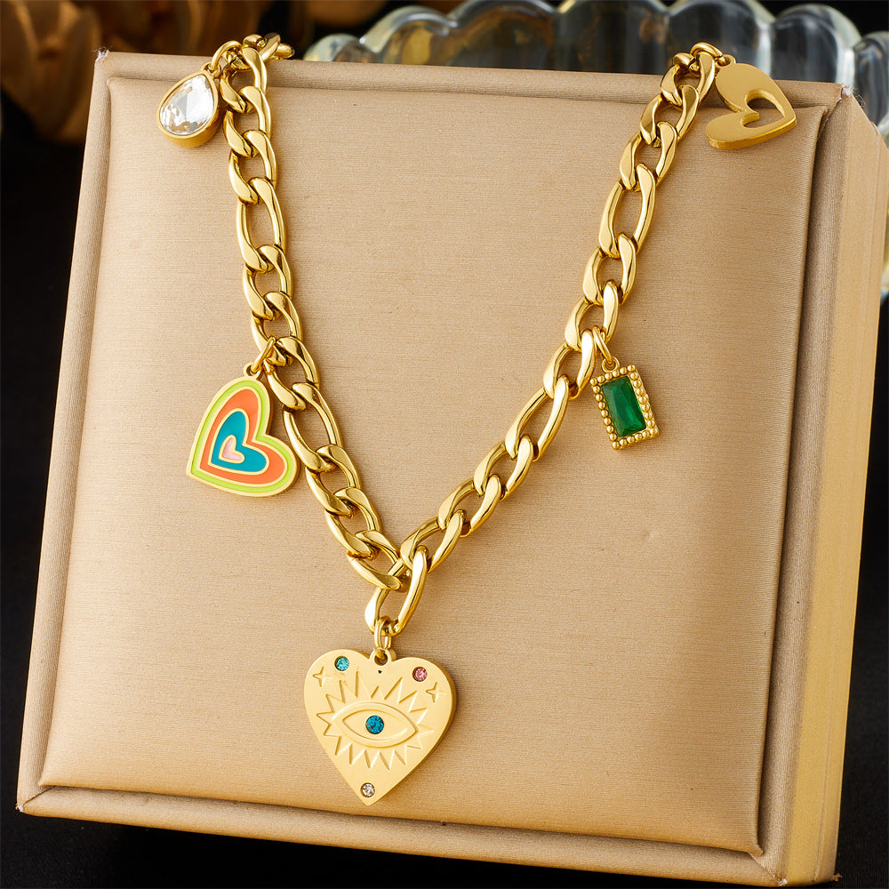Fashionable Heart-Shaped Enamel Pendant Necklace with Rhinestone Inlay on Gold-Plated Stainless Steel Snake Chain for Women