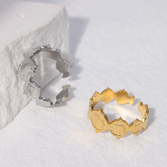 Anello Unisex Regolabile in Acciaio Inossidabile Placcato Oro 18K con Simbolo Solare Geometrico Vintage