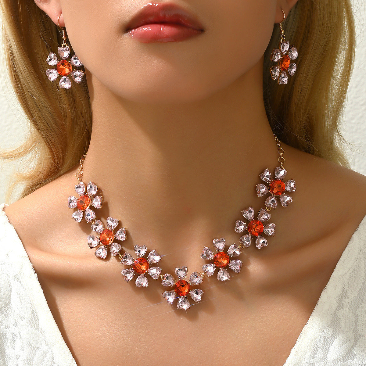 Minimalist Luxury Floral Heart Pendant Necklace and Earrings Set in Alloy with Zircon Inlay for Women