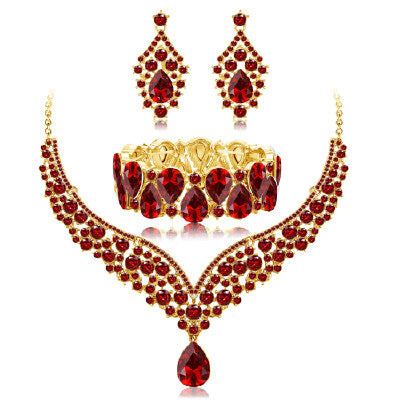 Elegant Heart and Teardrop Shaped Rhinestone Pendant Necklace Set with Electroplated O-Chain, Earrings and Bracelet for Women