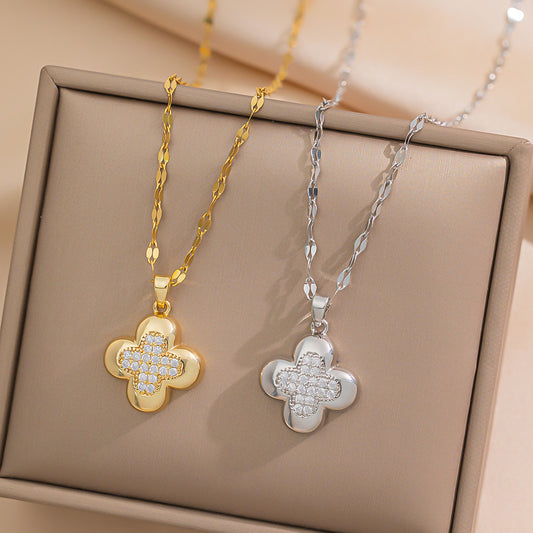 Minimalist Clover-Shaped Titanium Steel Necklace for Women with Rhinestone Inlay, Vacuum-Plated Snake Chain Pendant