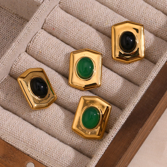 Orecchini da donna in acciaio inossidabile placcato oro 18 carati con scudo esagonale geometrico d'ispirazione vintage