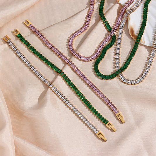Minimalist Geometric Stainless Steel Plated 18K Gold Micro-Paved Zirconia Bracelet and Necklace