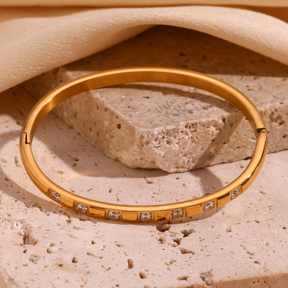 Minimalist Fashion Bracelet for Women Stainless Steel with 18K Gold Plating and Micro-Paved Zirconia Toggle Clasp