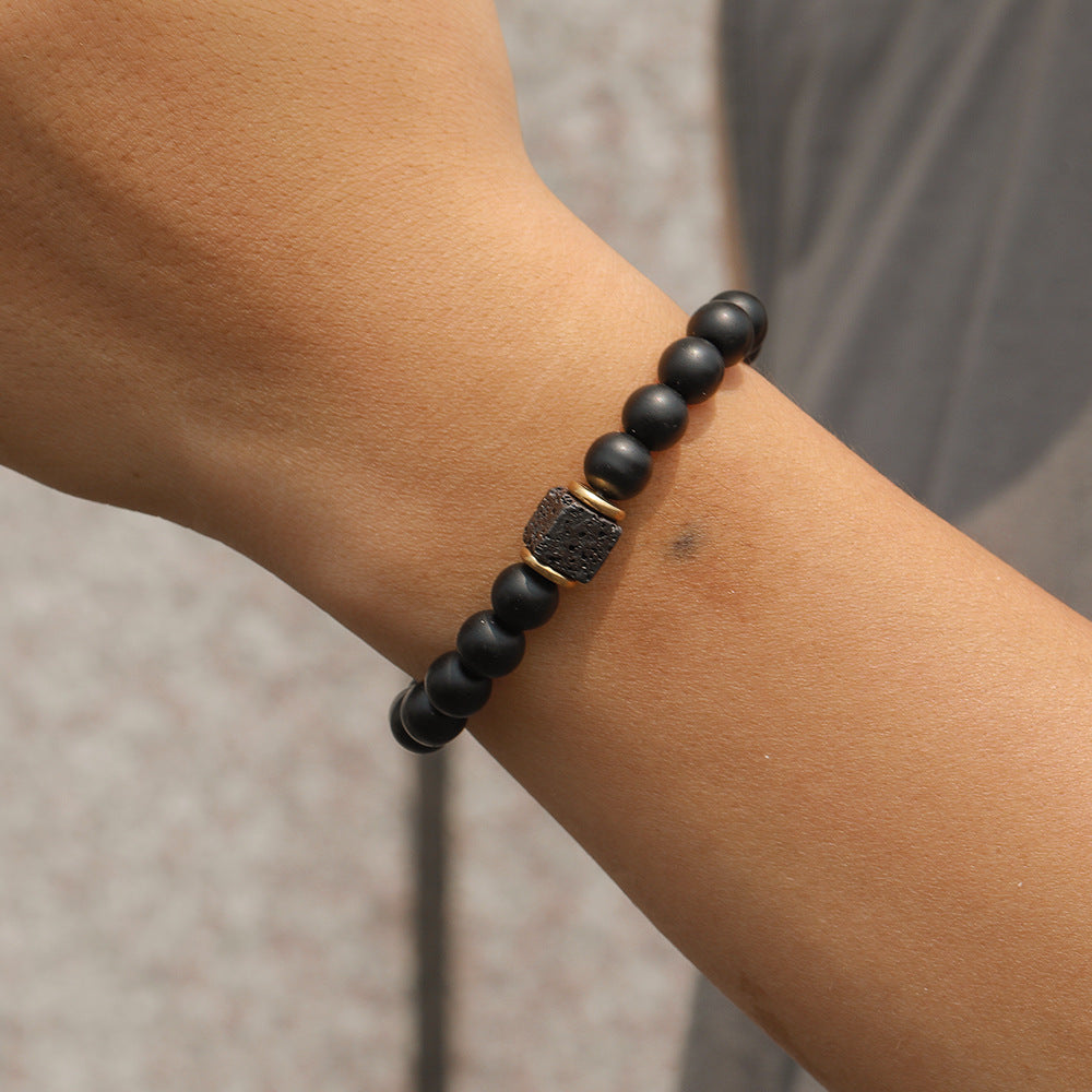 Men's Matte Black Obsidian and Volcanic Stone Beaded Bracelet Square Round Geometric Unisex Jewelry