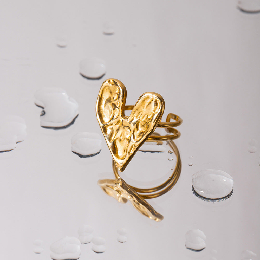 18K Gold Plated Stainless Steel Hammered Heart Ring Double-Sided Geometric Women's Jewelry