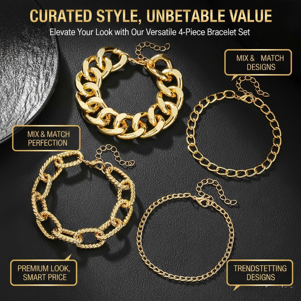 Multi-Layer Geometric Round Iron Plated Cuban Link Chain Bracelet Set