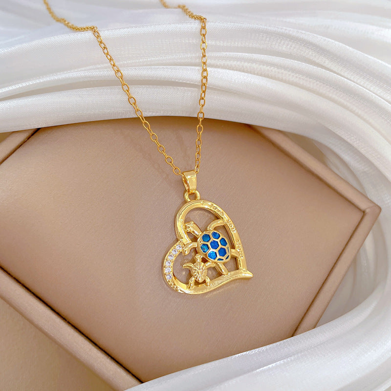Cartoon Style Turtle Heart Pendant Necklace for Women Stainless Steel Snake Chain with Rhinestone Inlay and Geometric Design