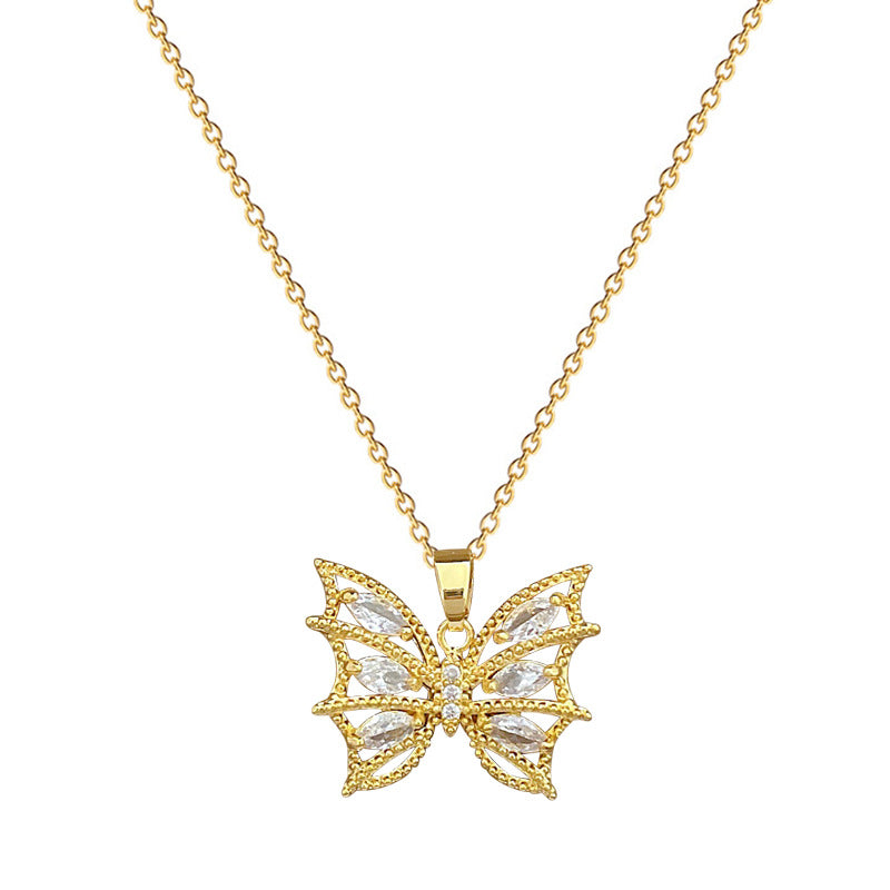 Sweet Elegant Rhinestone Plated Titanium Steel Butterfly Geometric Necklace and Earring Set for Women