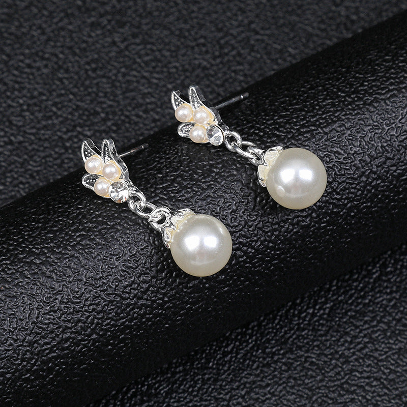 Chic Pearl-Embellished Alloy Drop-Shaped Floral Necklace and Earrings Set for Women with Tulip Peony and Wheat Motifs