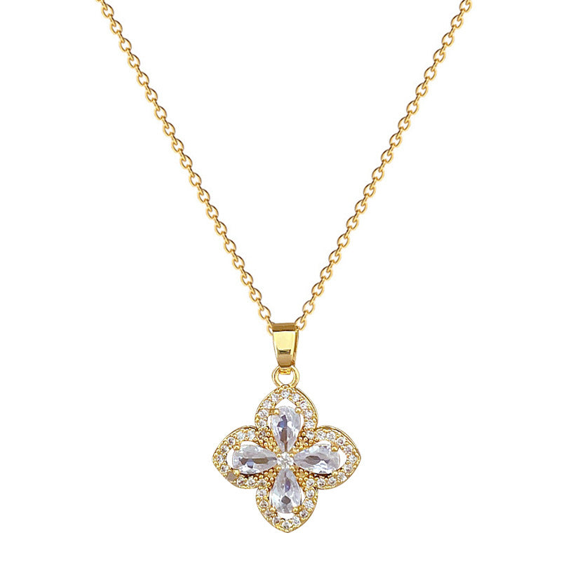 Luxury Titanium Steel Four-Leaf Clover Pendant Necklace and Earrings Set with Rhinestone Inlay for Women Formal Events