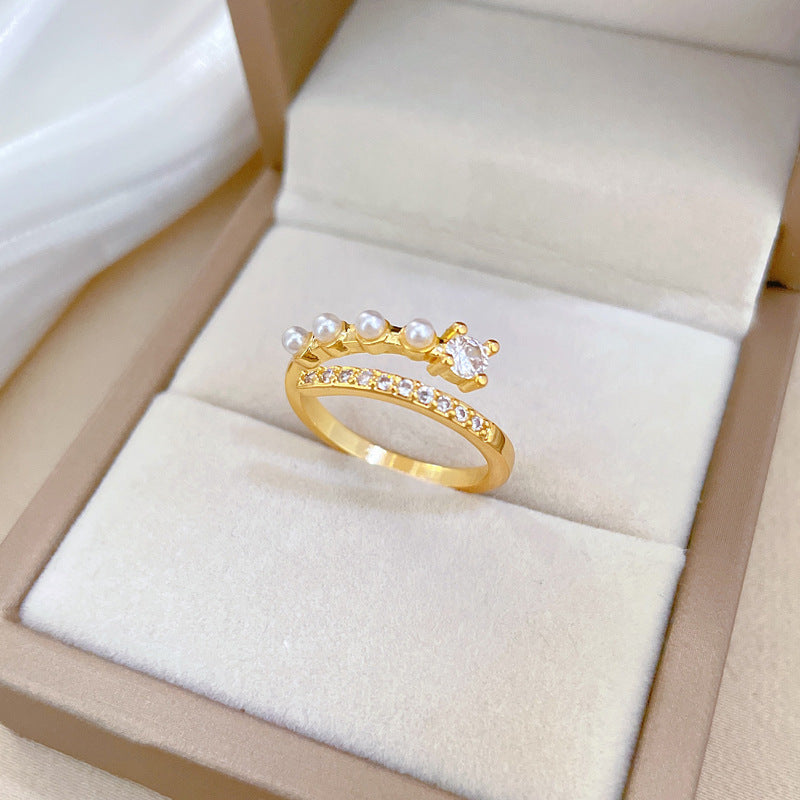 Anello regolabile in ottone con perle e zirconi, design a corona, per donna, gioiello a fascia in stile giapponese minimalista