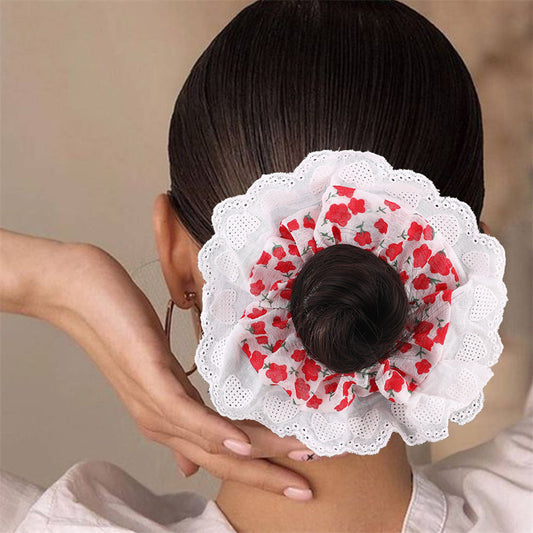 Set di elastici per capelli in pizzo floreale rosa per bambine con design a cartoni animati in tessuto a maglia stile principessa