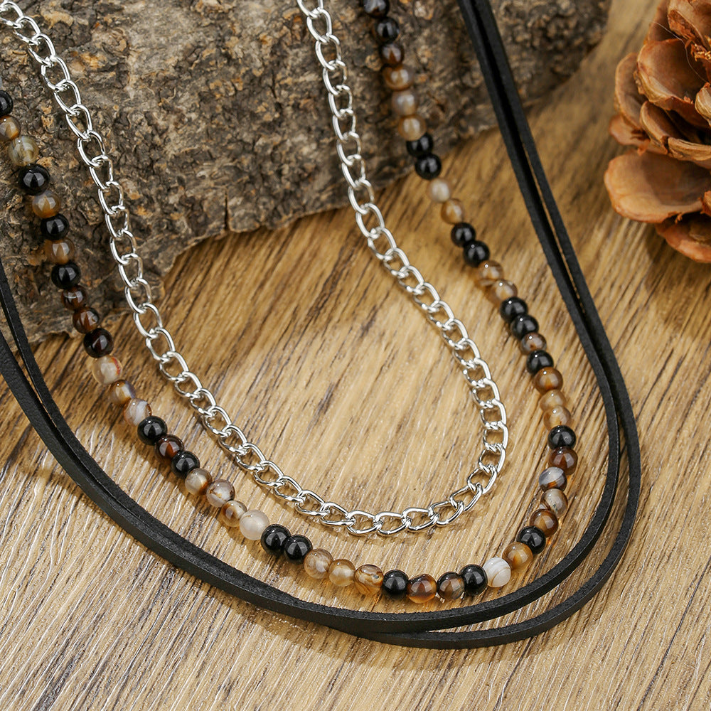Personalized Geometric Black Agate Leather Spliced Chain Necklace for Men