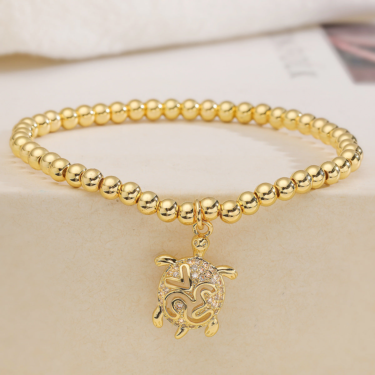 Fashion Cute 18K Gold Plated Cubic Zirconia Turtle Animal Brass Ball Chain Bracelet for Women