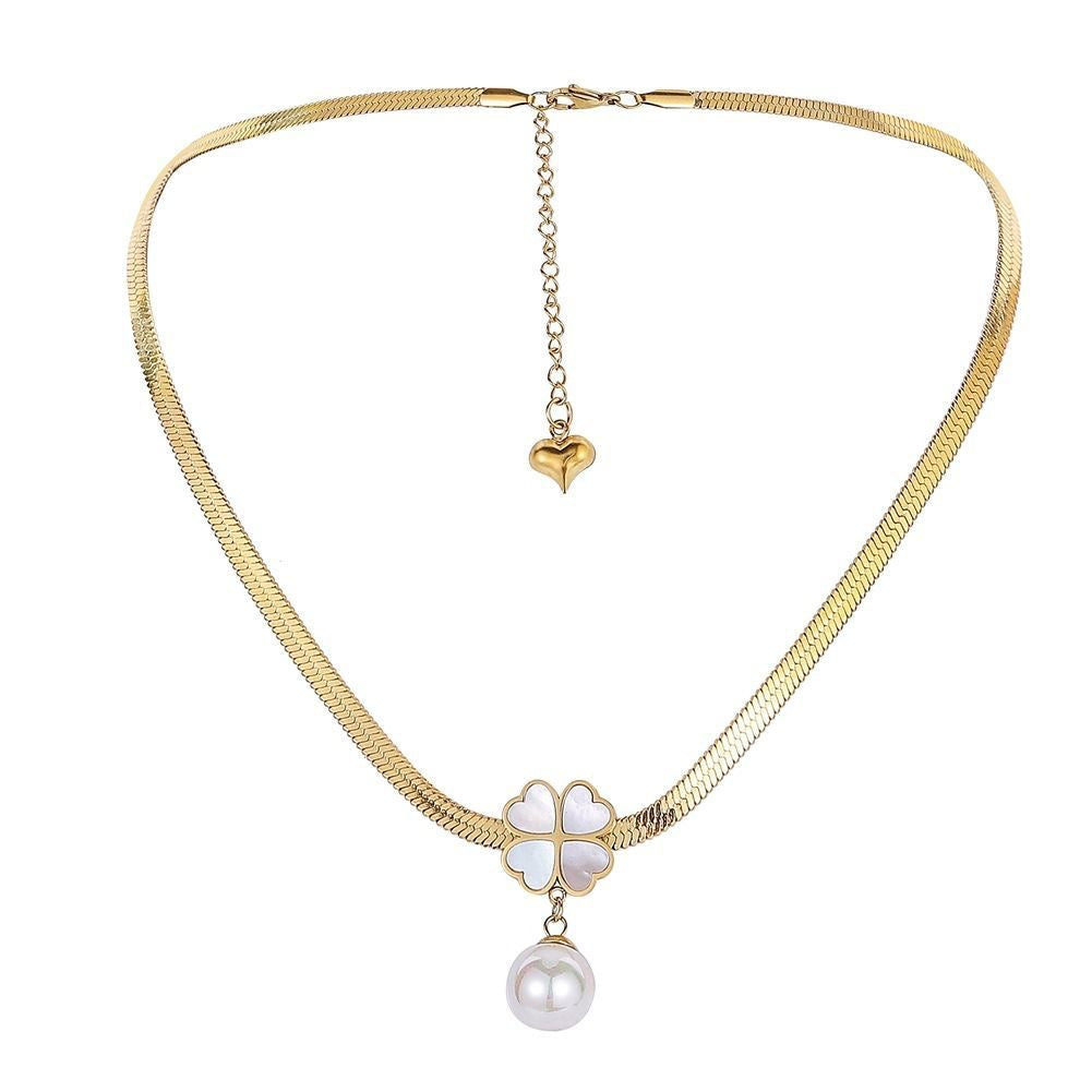 Minimalist Clover-Shaped Titanium Steel Necklace with Pearl Pendant for Women