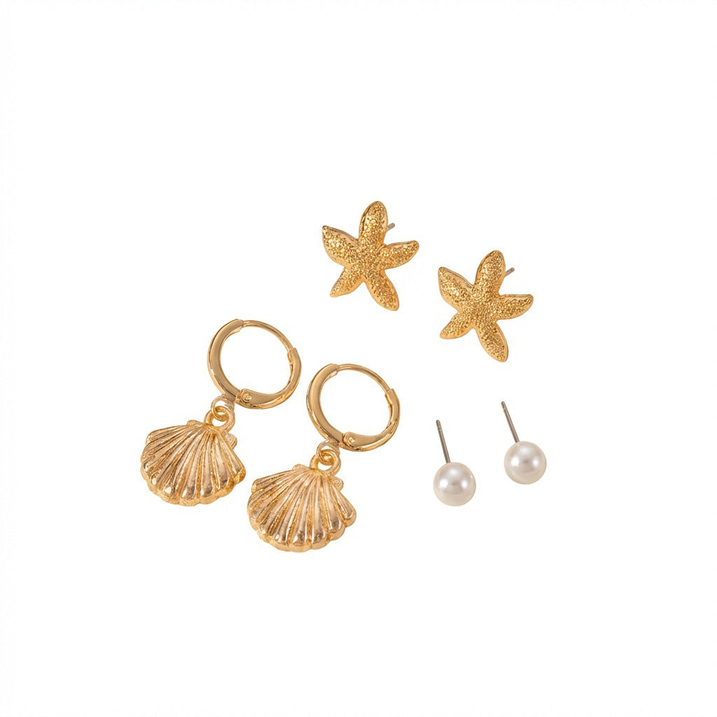 Elegant Alloy Starfish and Pearl Stud Earrings with Shell Elements