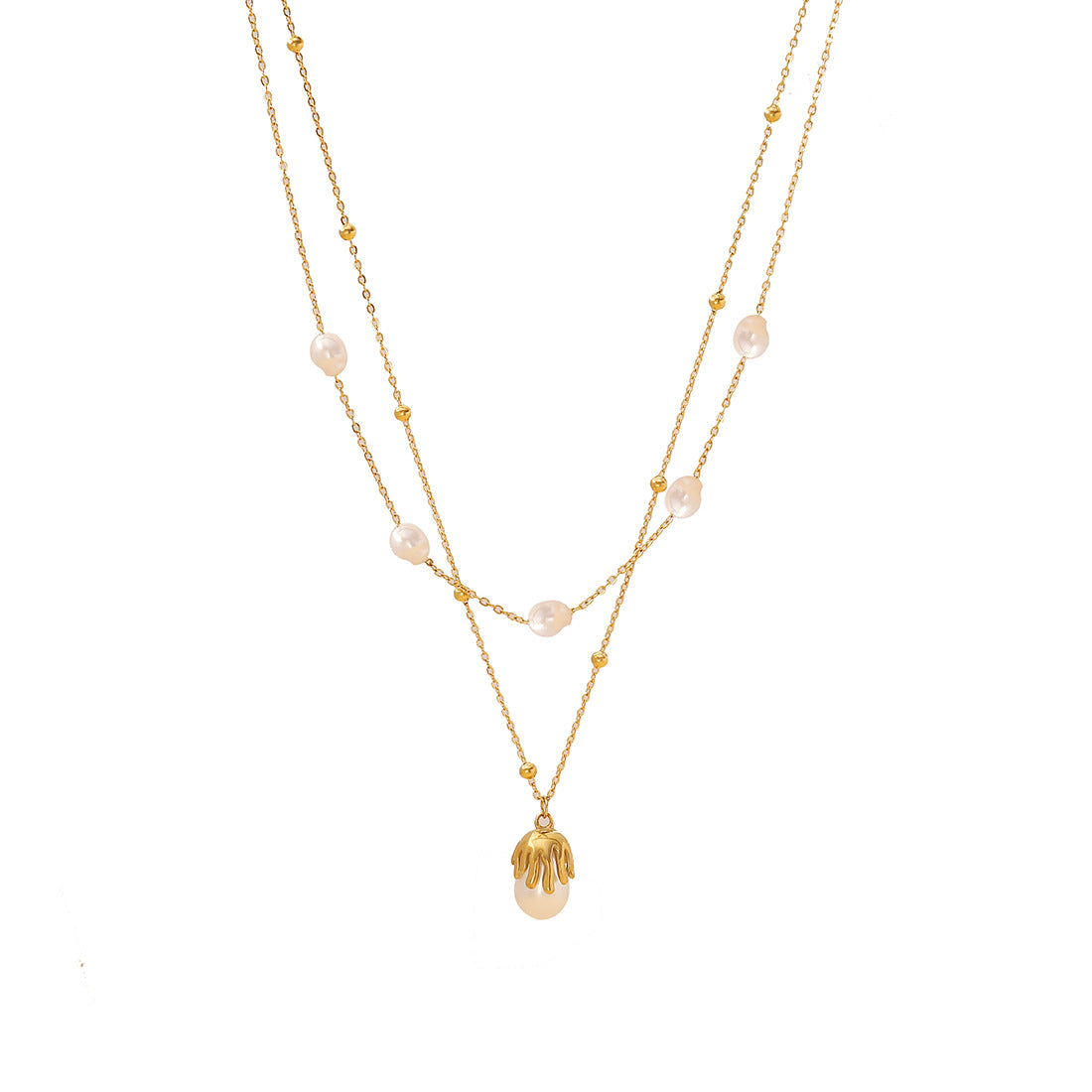 Set di Collana da Donna Elegante a Forma di Lampadina Irregolare con Perle Imitazione, Doppia Catena a O in Acciaio Inossidabile e Finitura Elettroplaccata
