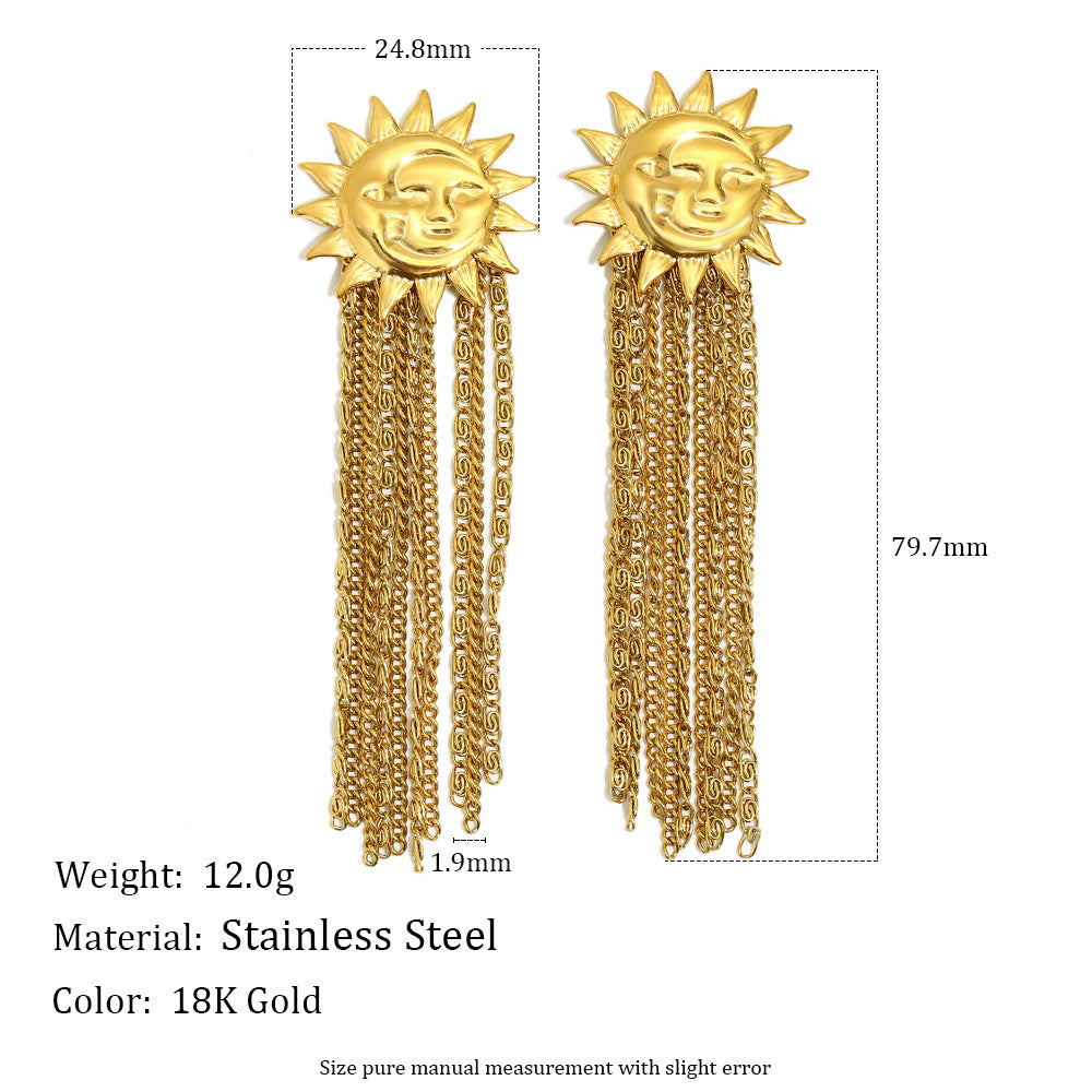 Vintage 18K Gold Plated Stainless Steel Moon Star Geometric Tassel Earrings