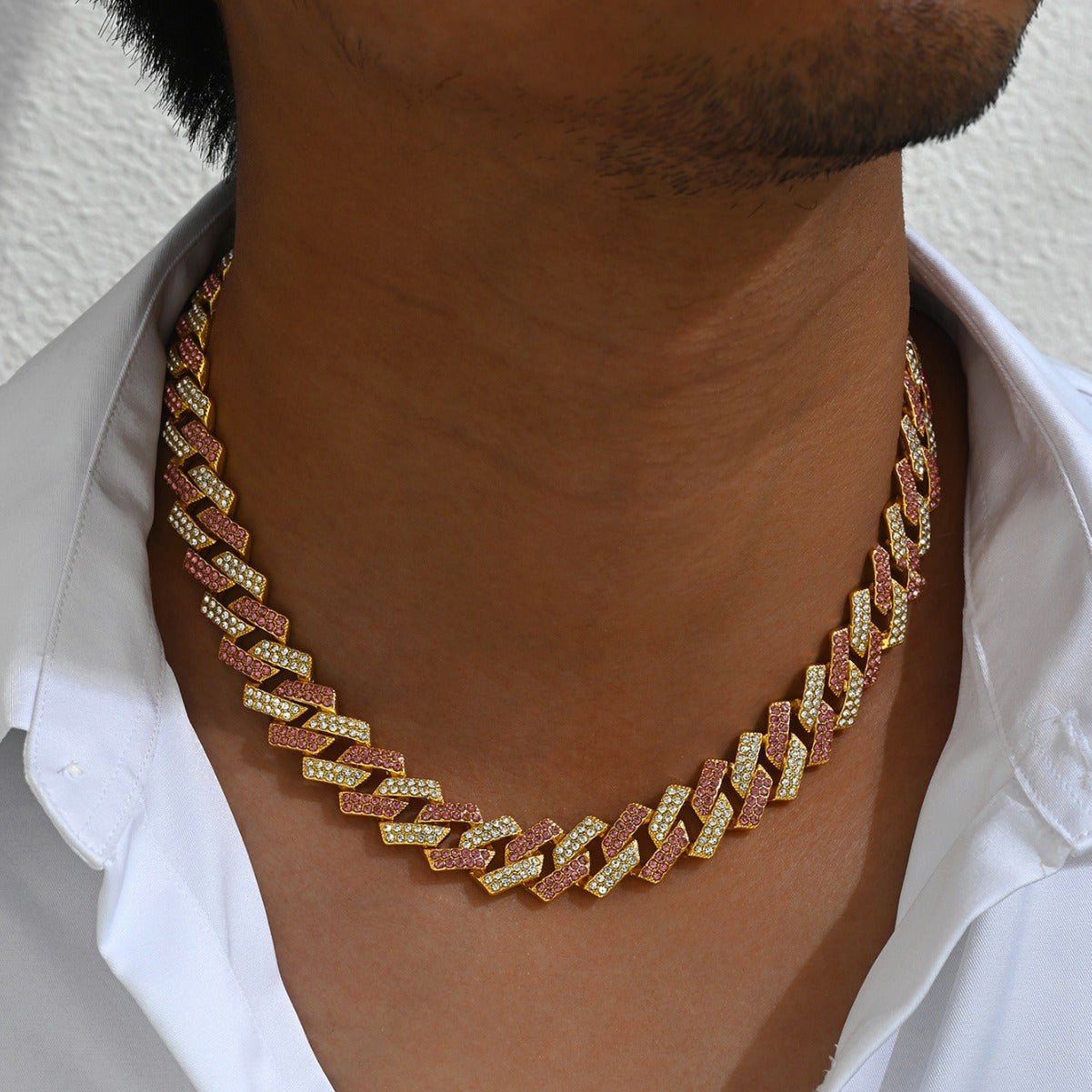 Collana Cubana Geometrica Stile Hip Hop da Uomo con Intarsio di Strass in Lega di Zinco