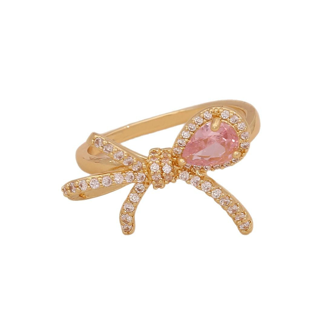 Fashionable Heart-Shaped and Bowknot-Designed Copper Ring with Cubic Zirconia Inlay for Women