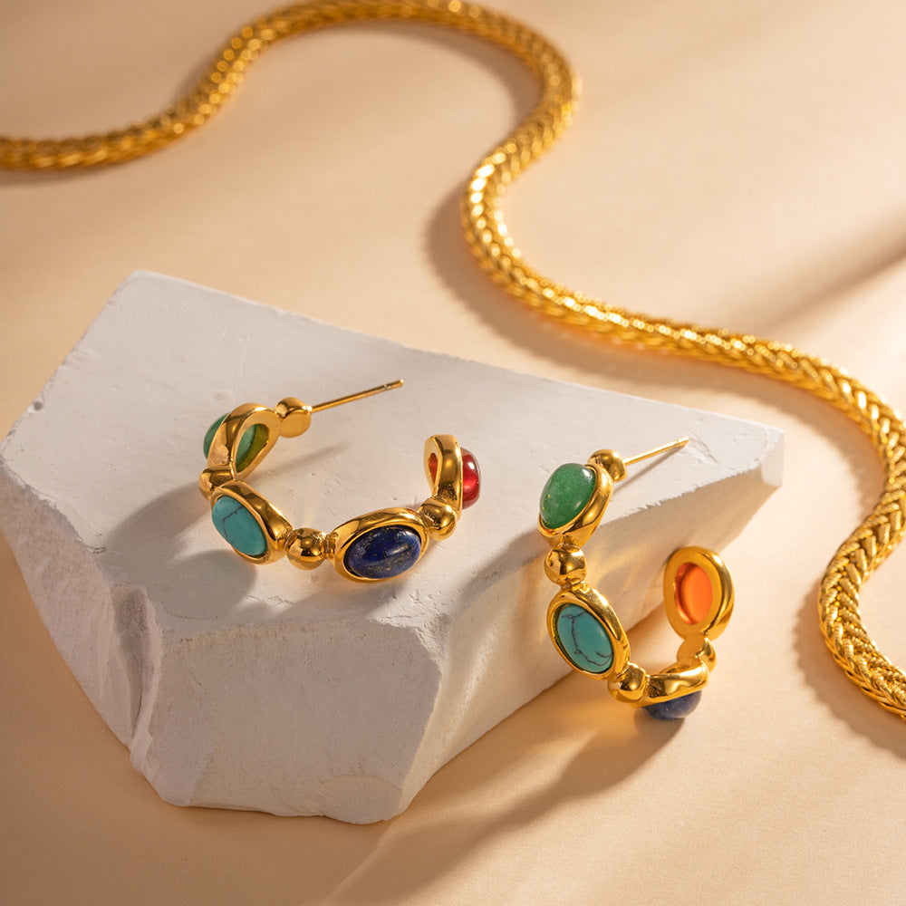 Orecchini geometrici a C in acciaio inossidabile placcati oro 18 carati con intarsio in pietra naturale da donna
