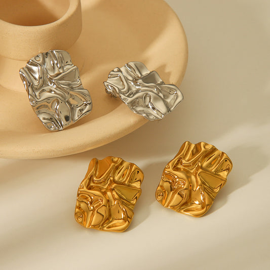 18K Gold Plated Titanium Steel Geometric Hammered Texture Wrinkled Drop Earrings for Women