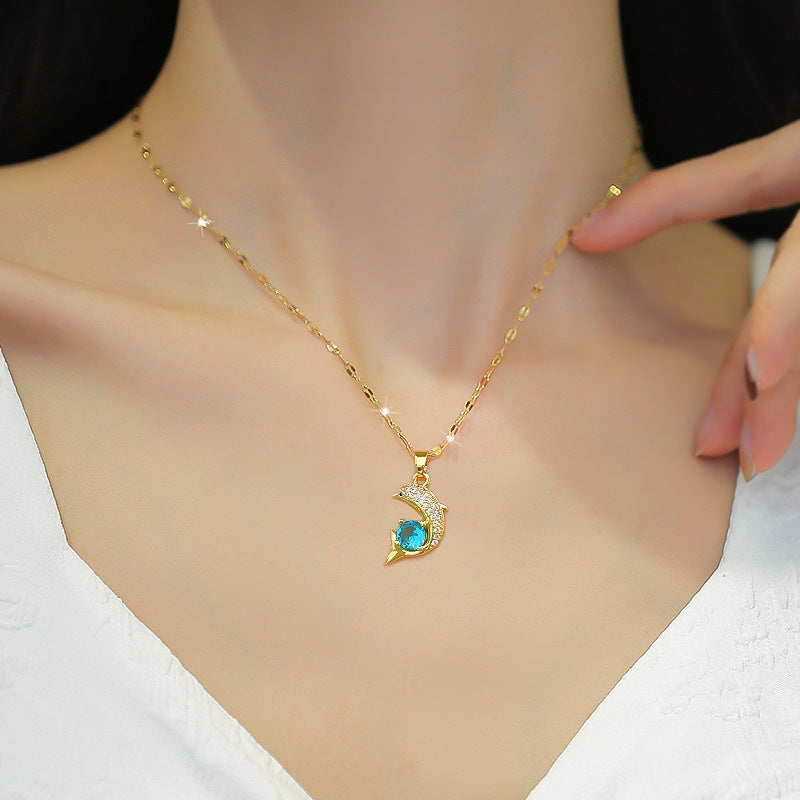 Vintage Minimalist Dolphin Pendant Necklace in Titanium Steel with Rhinestone Accents for Women