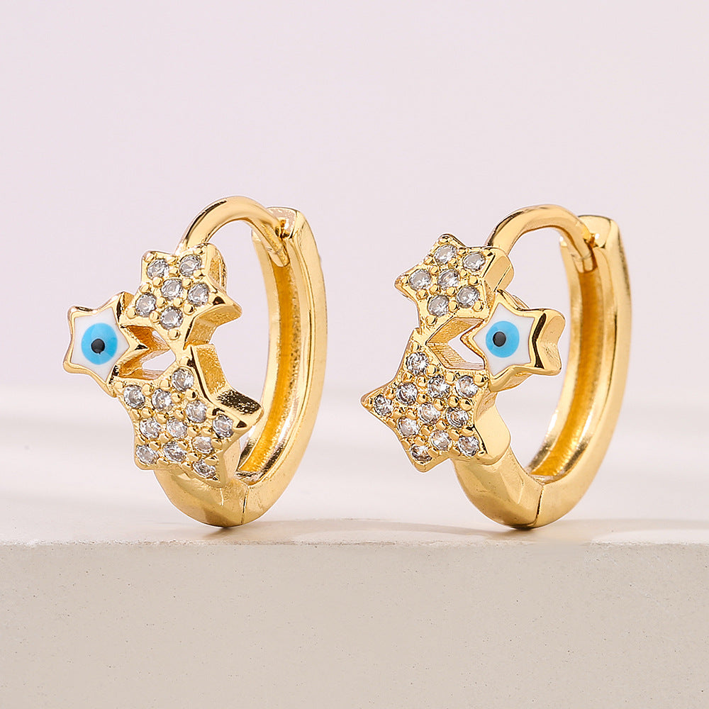 Fashionable Geometric Star-Shaped Copper Earrings with Gold Plating and Enamel Eye Detail for Women
