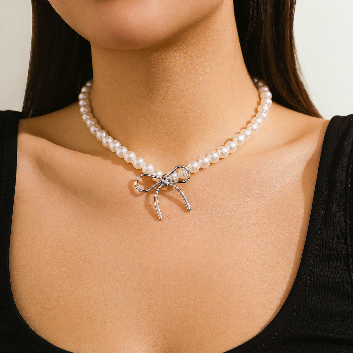 Sweet Geometric Bowknot Alloy Pendant Resin Beaded Ball Chain Necklace for Women