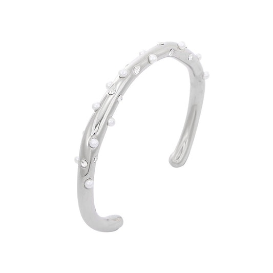 Fashionable Geometric Stainless Steel Bracelet with Rhinestone and Pearl Accents for Women, Titanium Steel Base with 18K Gold Plating