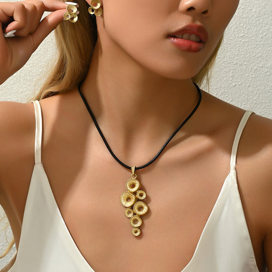 Chanel-Inspired Minimalist Irregular Geometric Copper Pendant Necklace Set with Matching Stud Earrings for Women