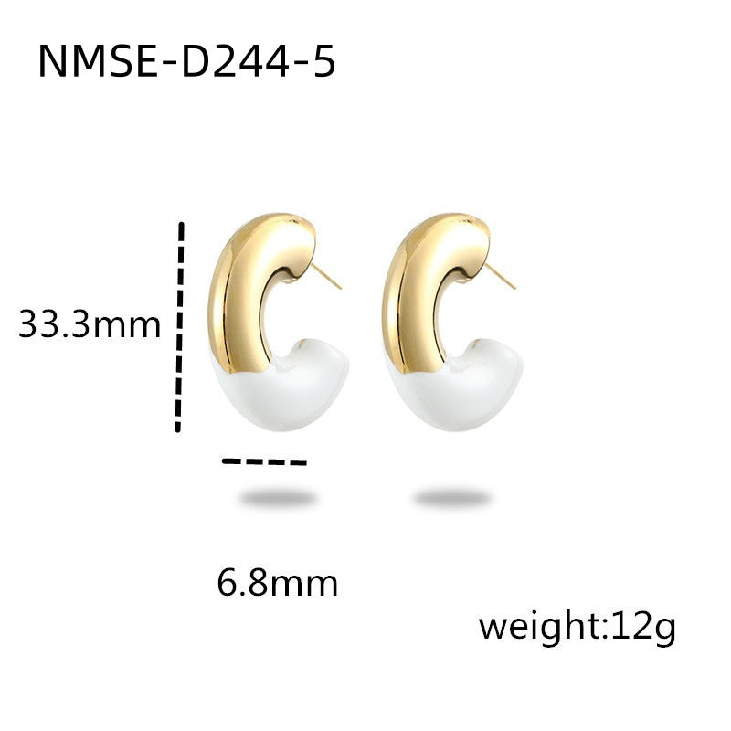 Orecchini da donna in titanio placcati oro 18 carati a forma di C con smalto a goccia, stile Fashion OL