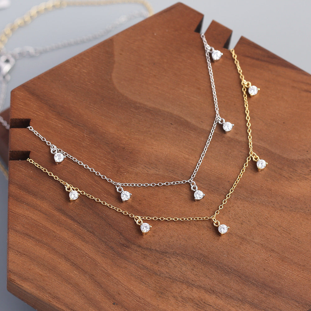 Minimalist Geometric Multi-Pendant S925 Sterling Silver Collar Necklace with Rhinestone Inlay for Women