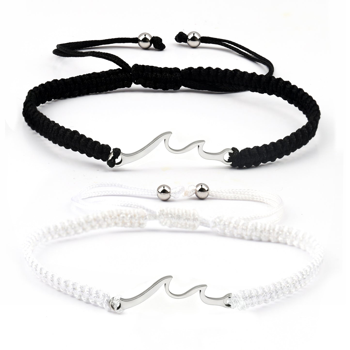 Minimalist Stainless Steel Woven Couple Bracelet Set with Wave Pendant