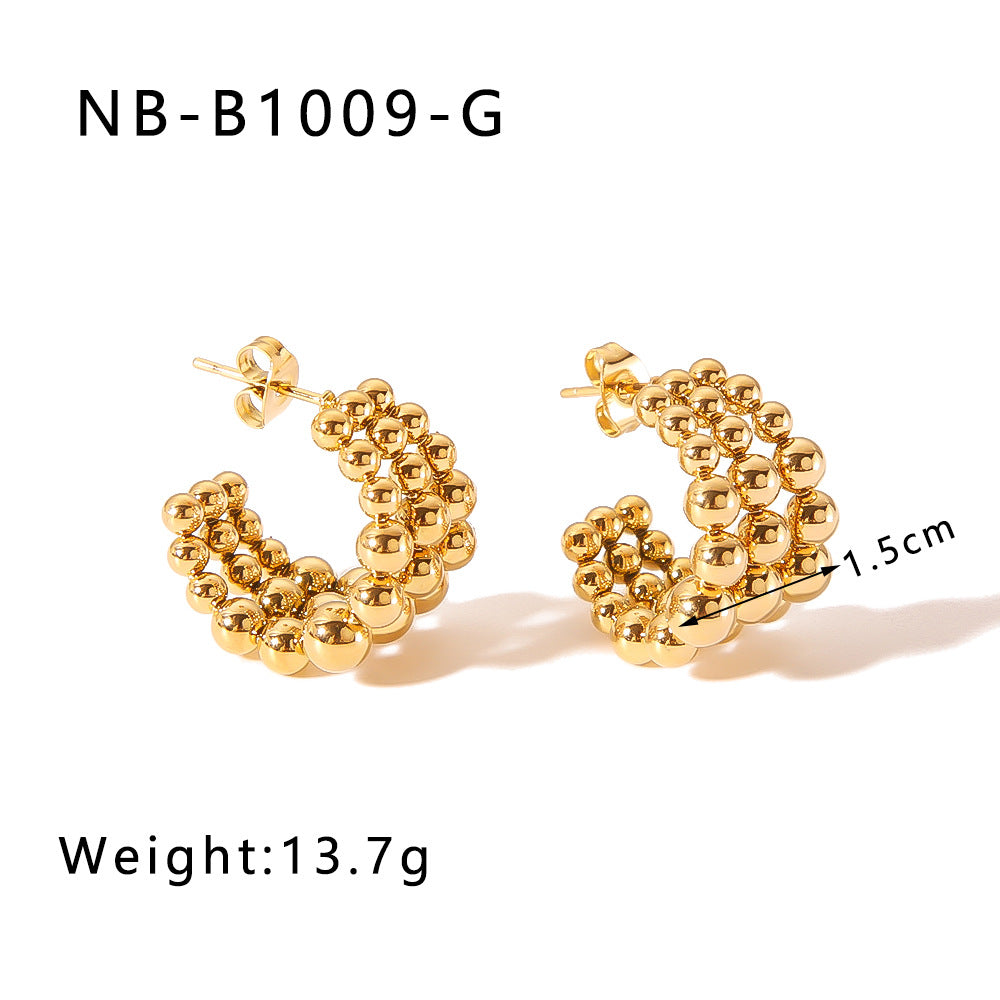 Minimalist Geometric Stainless Steel Earrings with 18K Gold Plating, Triple Beaded C-Shaped Hoops for Women