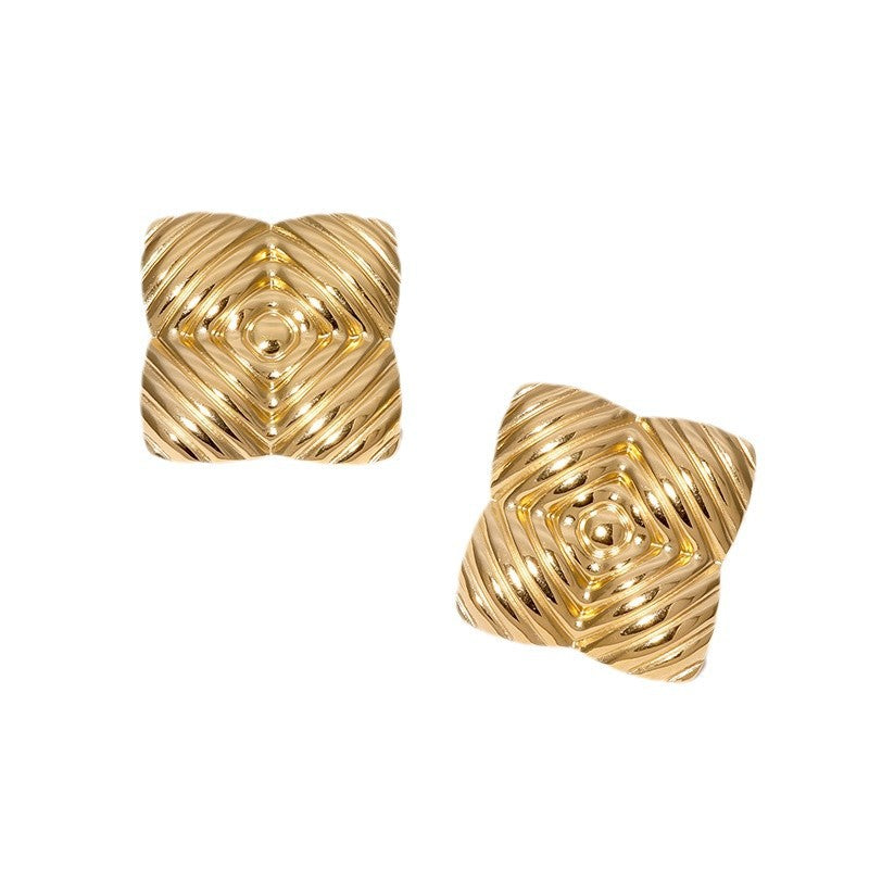 Vintage Geometric Square Textured 18K Gold Plated Stainless Steel Stud Earrings for Women