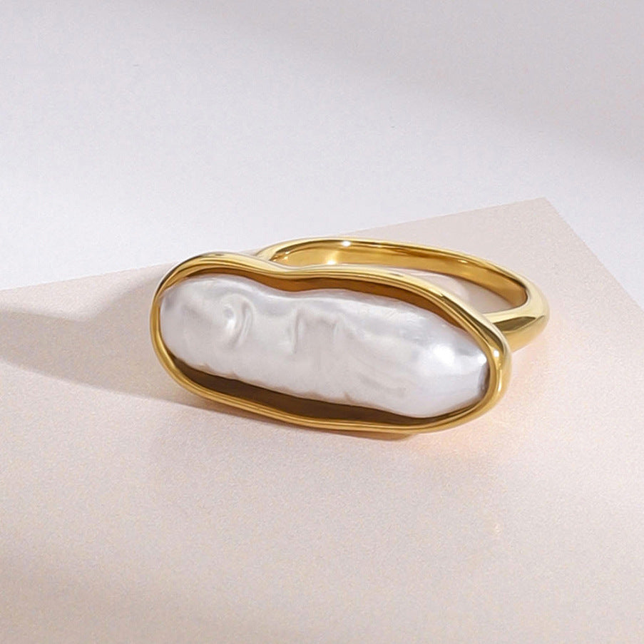 Anello da donna minimalista geometrico in acciaio inossidabile con intarsio di perle, fascia di lusso galvanizzata