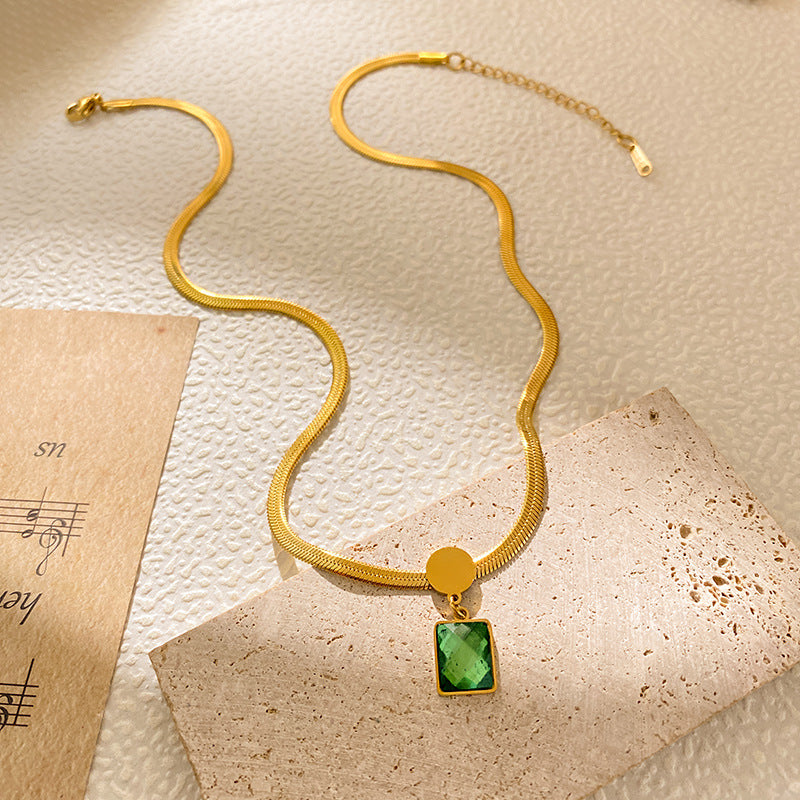 Vintage Square Geometric Titanium Steel Gold Plated Cubic Zirconia Pendant Necklace