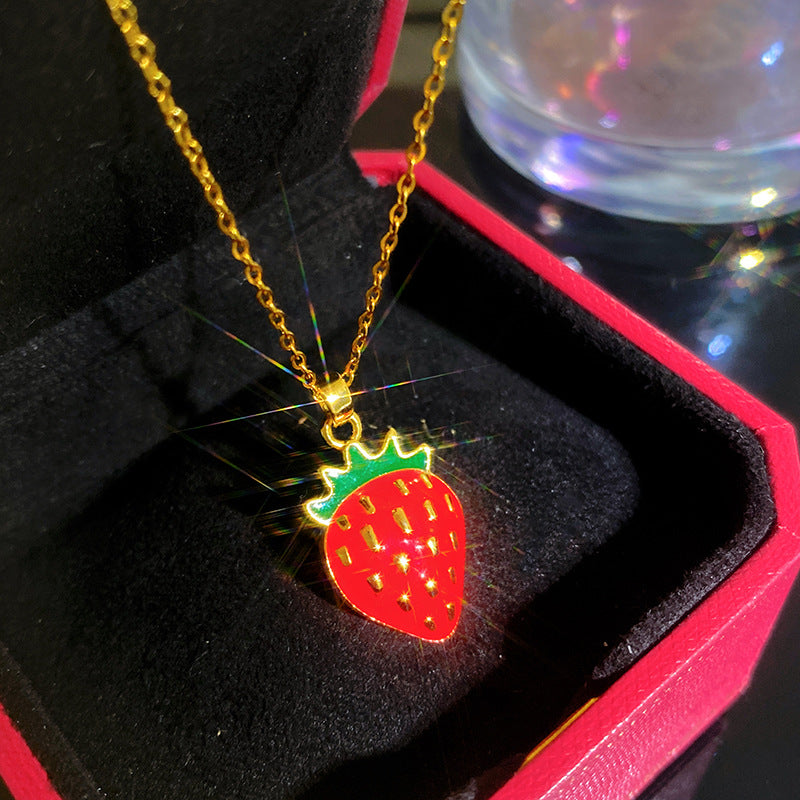 Sporty Sweet Micro-Set Cubic Zirconia Fruit Square Pendant Titanium Steel Cable Chain Necklace
