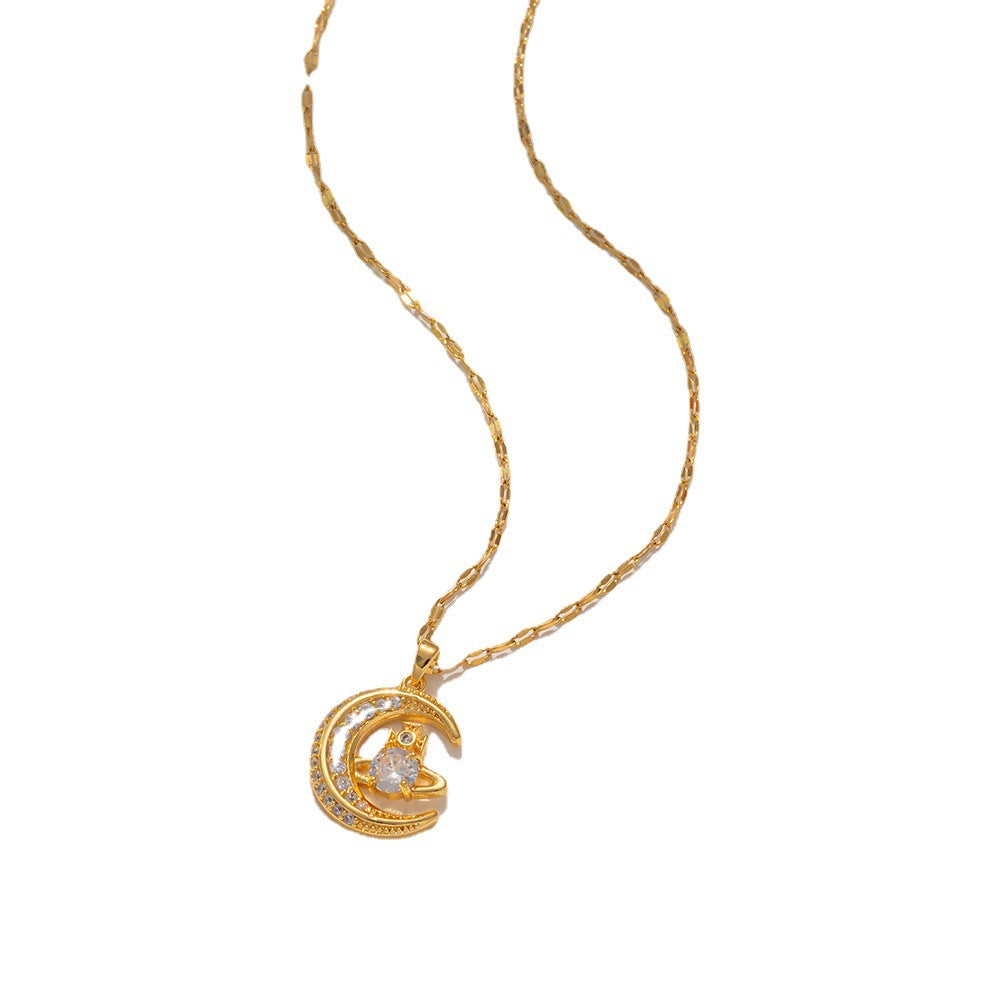 Collana con Ciondolo Geometrico Luna Pianeta in Acciaio al Titanio con Intarsio di Strass, Elettroplaccata, Gioielli di Moda Unisex