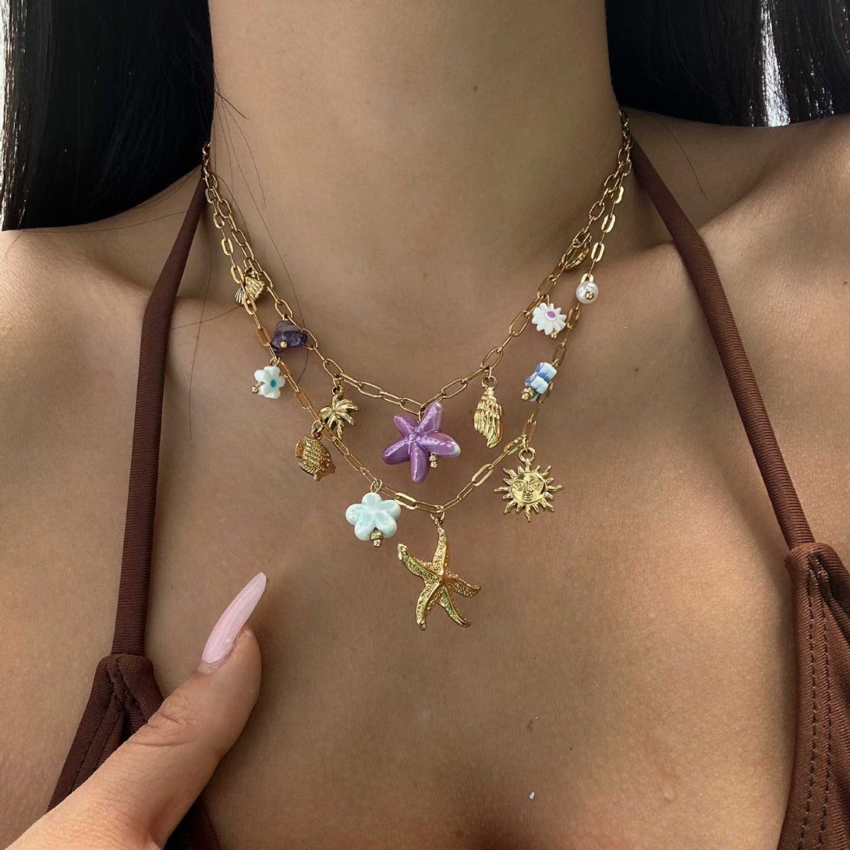 Collana con ciondolo in ceramica geometrica a stella in acciaio inossidabile casual, placcata, con conchiglia da spiaggia, stella marina, catena estiva per clavicola da donna