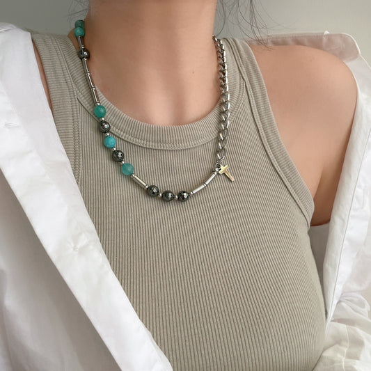 Minimalist Unisex Titanium Steel Cross Pendant Necklace with Natural Stone Inlay for Men and Women