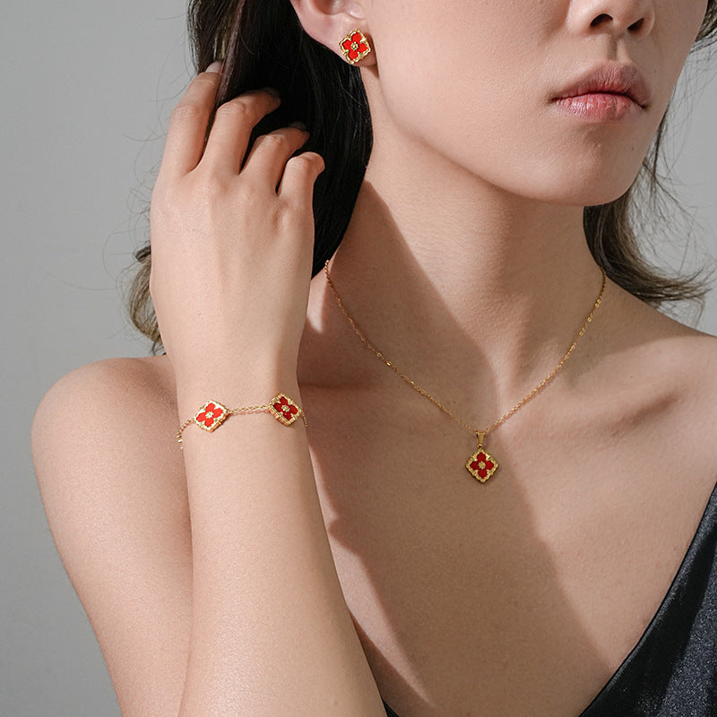 Minimalist Rhombus-Shaped Titanium Steel Necklace Set with Earrings and Bracelet, Vacuum-Plated 18K Gold Finish, Snake Chain