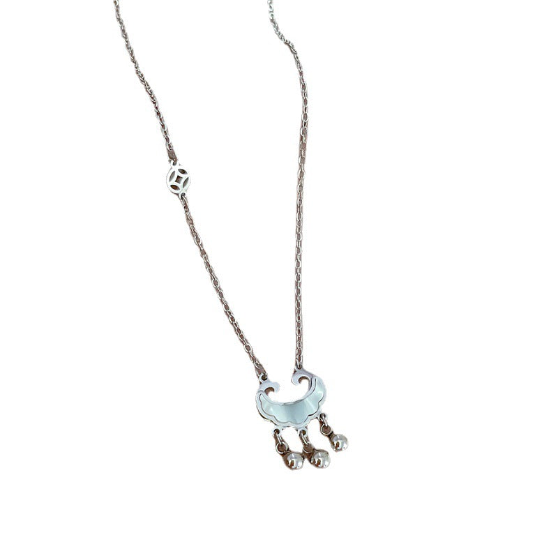 Collar con colgante geométrico estilo dibujo animado para mujer, hecho de acero de titanio con chapado en oro e incrustaciones de nácar