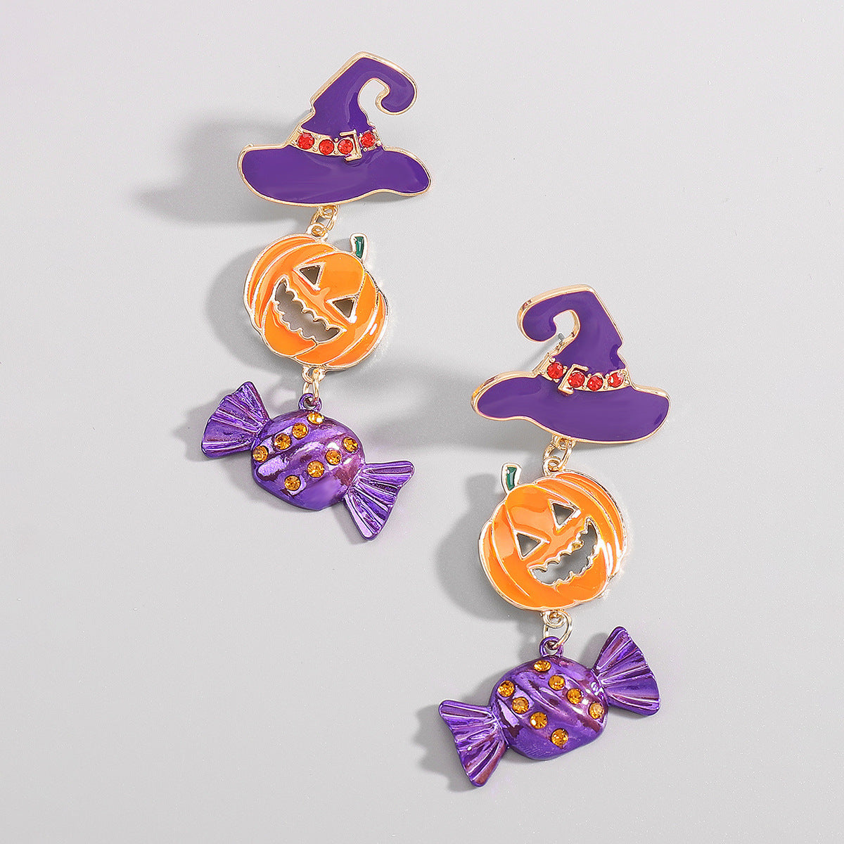 Pendientes llamativos de Halloween con calabaza y calavera, de aleación con detalles de pedrería y acabado galvanizado, para mujer