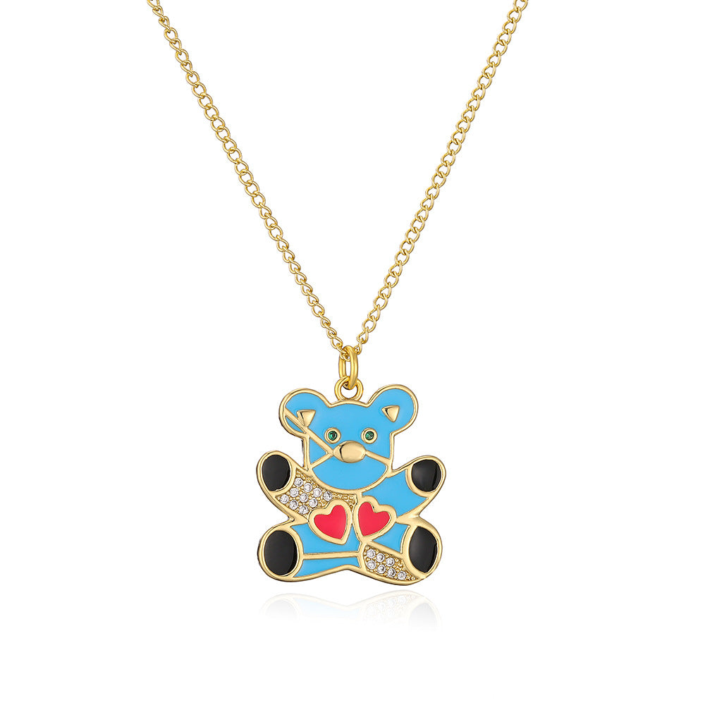 Collana con Pendente Orsetto Carino da Donna Realizzata in Rame con Placcatura in Oro 18K e Finitura a Smalto con Accenti in Zirconi Cubici