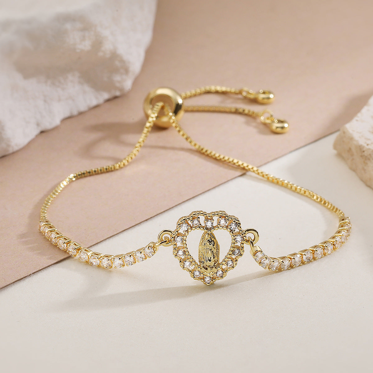 Elegant 18K Gold Plated Brass Geometric Bracelet with Cubic Zirconia Virgin Mary Charm Adjustable Drawstring for Women