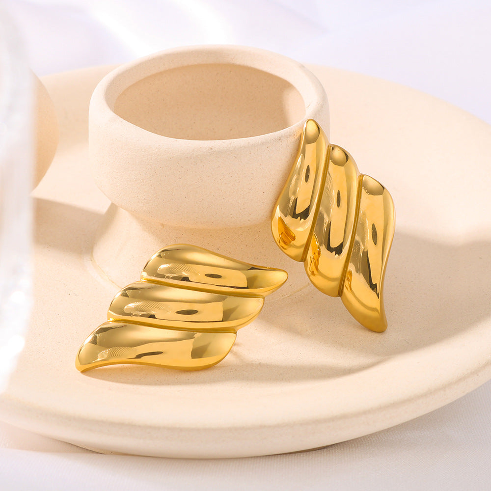 Geometric Angel Wing Stainless Steel Earrings with 18K Gold Plating for Women