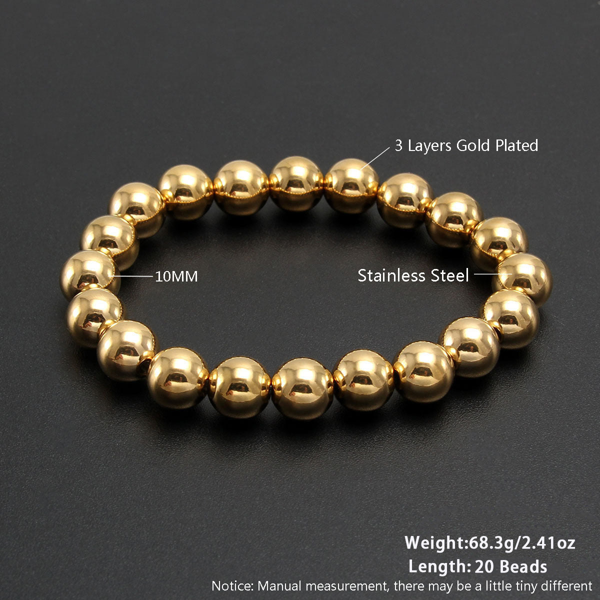Gold Plated Stainless Steel Ball Chain Bracelet Unisex Elastic Beaded Hand String